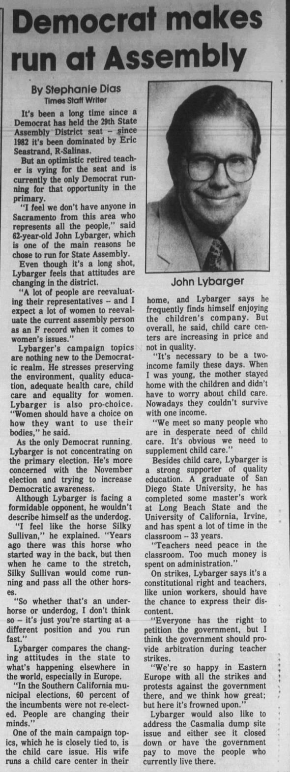 John Jay Lybarger Democrat 30 April 1990